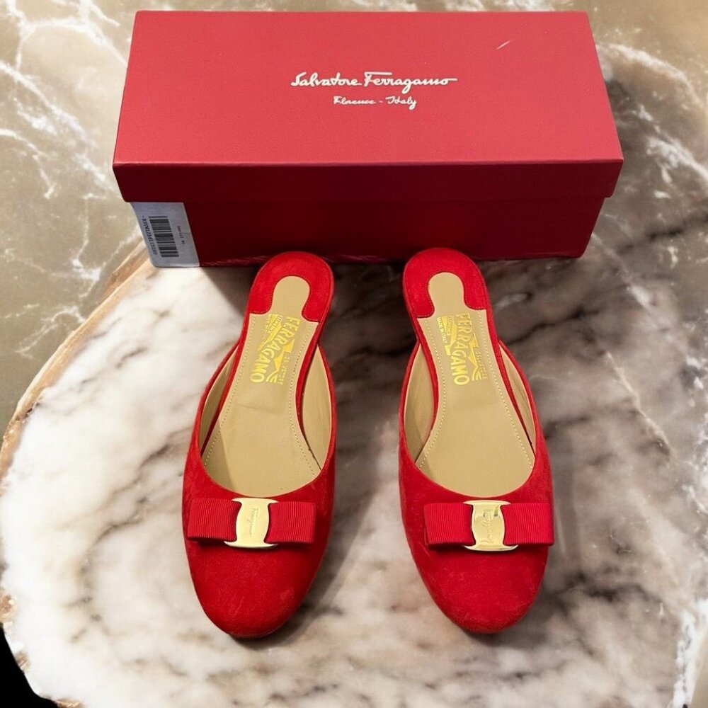 NIB Salvatore Ferragamo Red Suede Emile Mules